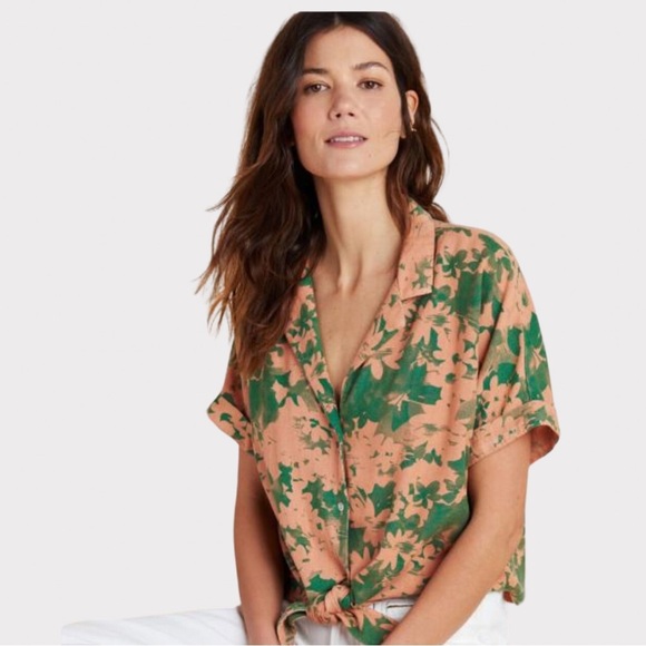 Amadi | Anthropologie | Maia Tie-Front Blouse | Linen Blend | Pink & Green | M - Picture 2 of 13